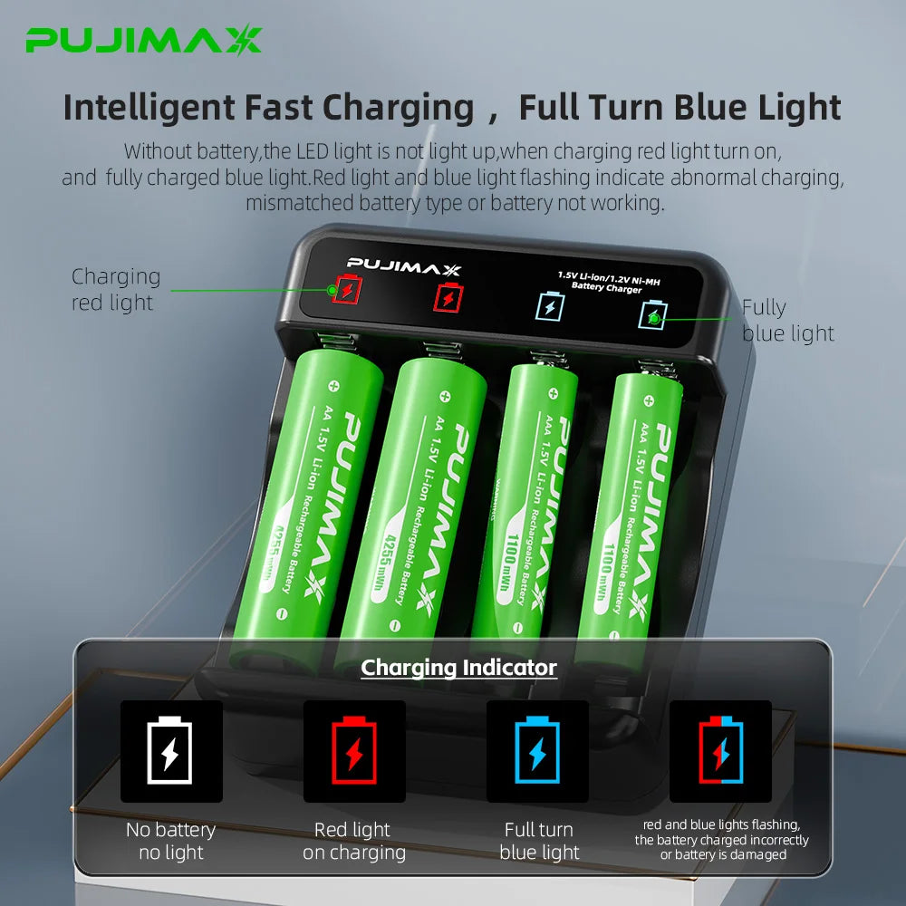 PUJIMAX Portable Smart Lithium Battery Charger With 4Pcs 1.5V Lithium Battery Constant Voltage Charging Safe Durable