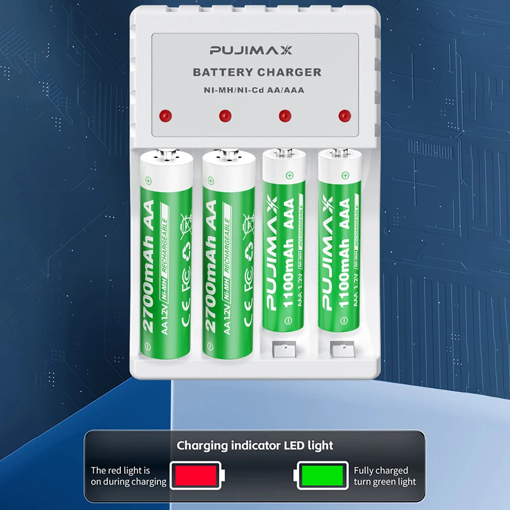 PUJIMAX 4-Slot Battery Charger With LED Indicator For 1.2V AA/AAA Ni-Cd Ni-Mh Rechargeable Batteries aa aaa Charger Adapter