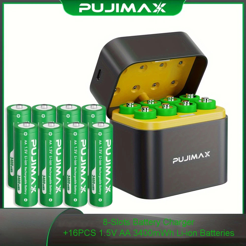 PUJIMAX Li-ion AA Rechargeable Batteries 1.5V AA 3400mWh Lithium-ion Battery+ Charger Clock Radio Video Game Digital Battery