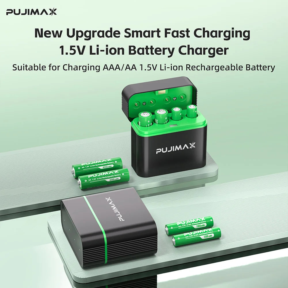 PUJIMAX Smart Battery Charger For 1.5V AAA/AA 1100mWh 4255mWh  Rechargeable batteries Lithium  Intelligent Fast Charging ﻿