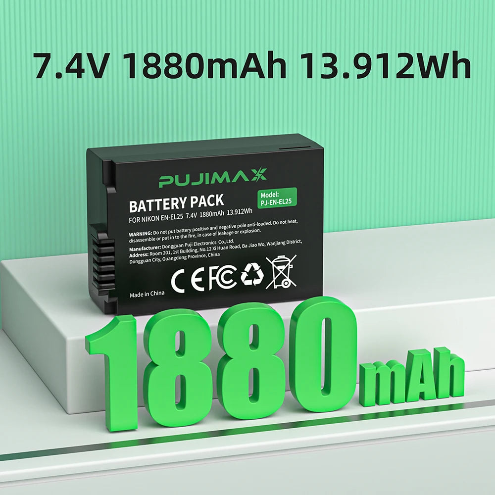 PUJIMAX EN-EL25 EN-EL25a ENEL25 1880mAh Rechargeable Li-ion Battery for Nikon Z50 Z30 ZFC Mirrorless Digital Cameras Batteries