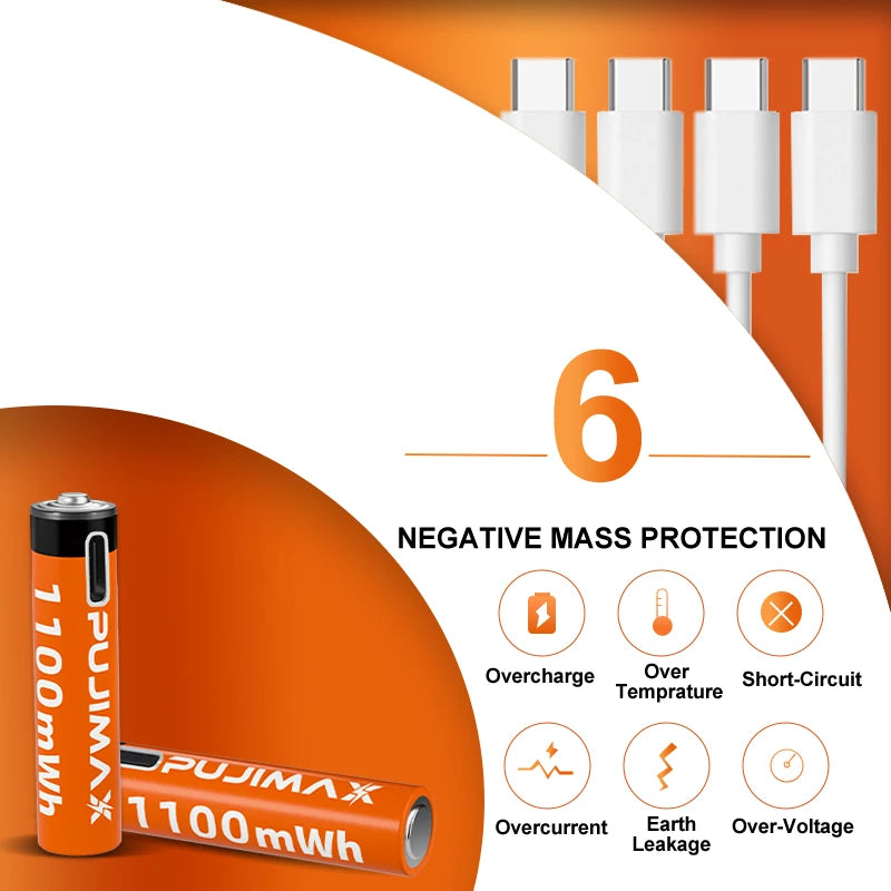 PUJIMAX 1.5V AAA 1100mWh Li-ion Rechargeable Battery High Capacity Lithium Battery USB Type C Li-ion Batteries For Alarm Clock
