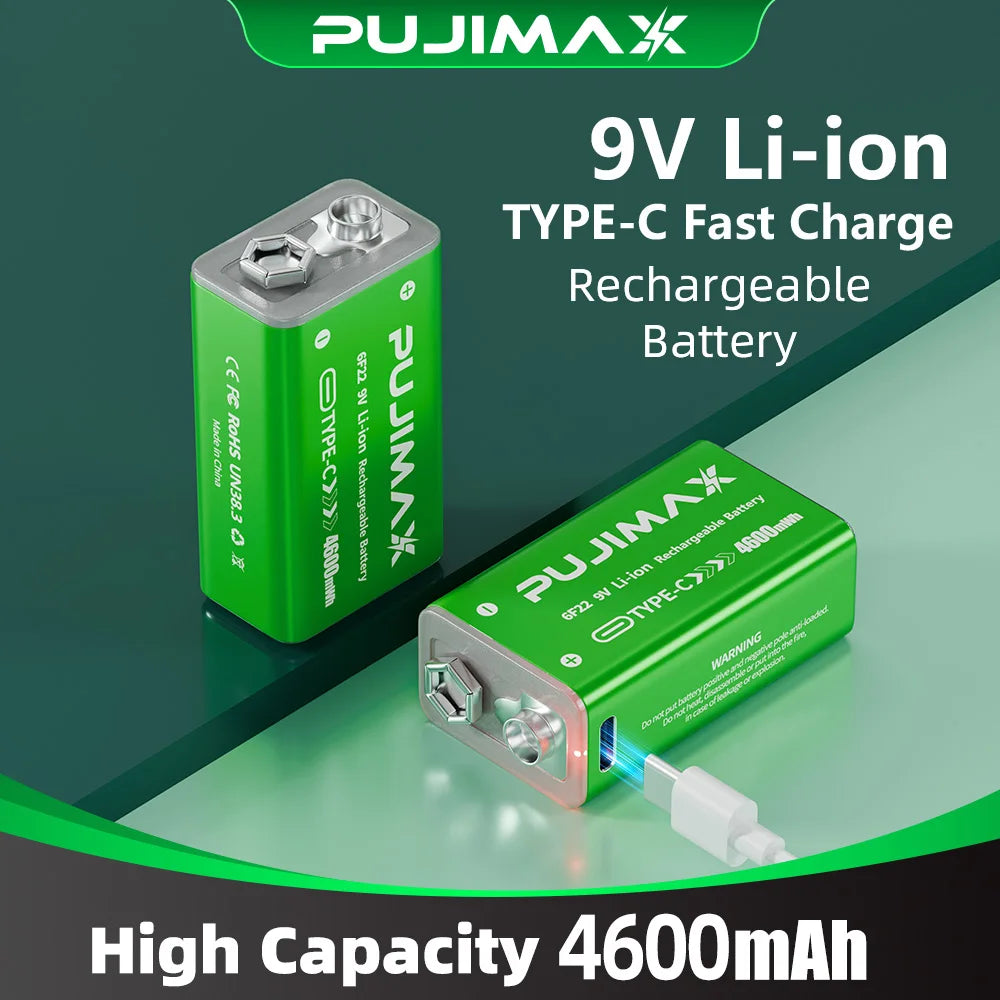 PUJIMAX 9V Rechargeable 4600 mWh Li-Ion Battery Type-C Charging 6F22 Li-ion Battery For Metal Detector KTV Microphone Multimeter