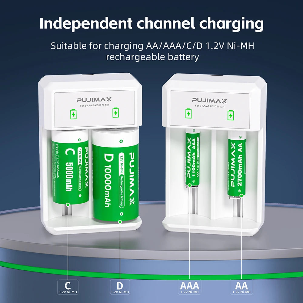 PUJIAMX AA/AAA/C/D Battery Charger for 1.2V NI-MH Rechargeable Batteries LCD Display Fast Charging Tool with USB Type C Cable