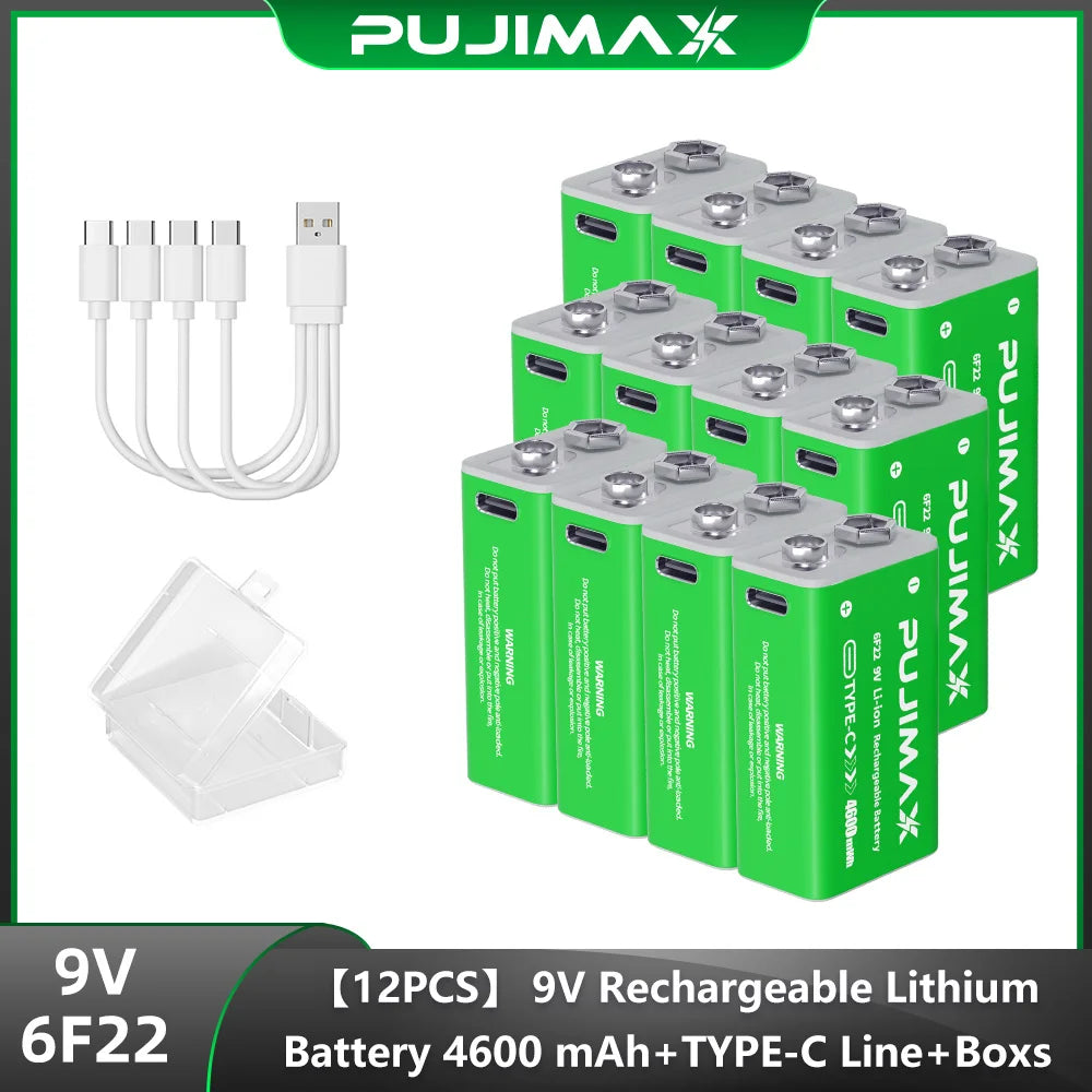 PUJIMAX 9V Rechargeable 4600 mWh Li-Ion Battery Type-C Charging 6F22 Li-ion Battery For Metal Detector KTV Microphone Multimeter