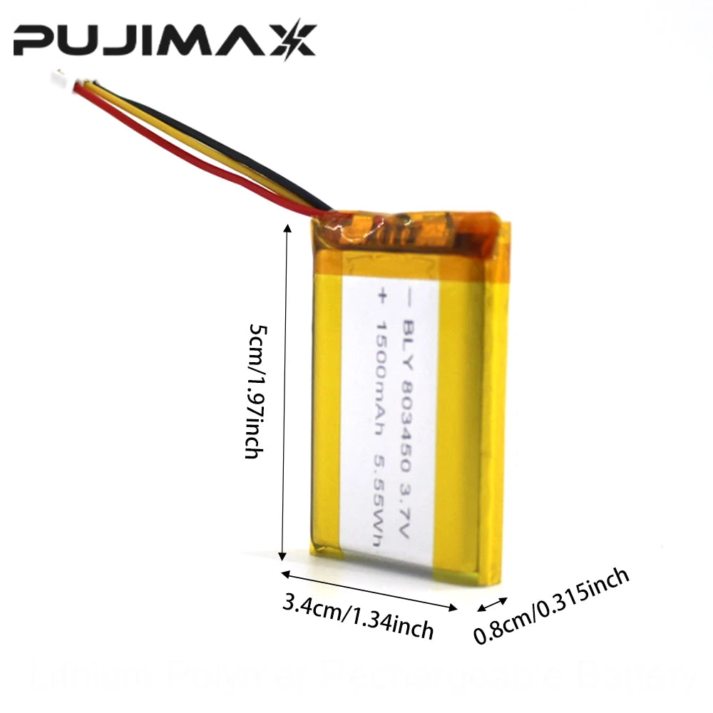 PUJIMAX 3.7V 1500mAh 803450 Li-Polymer LiPo Rechargeable Battery With PH 1.25mm 3pin Connector For MP3 DVD PAD Camera GPS Laptop
