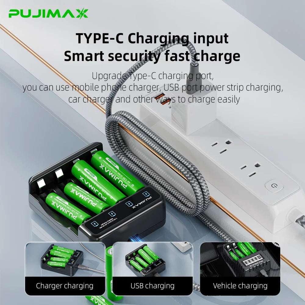 PUJIMAX Portable Smart Lithium Battery Charger With 4Pcs 1.5V Lithium Battery Constant Voltage Charging Safe Durable
