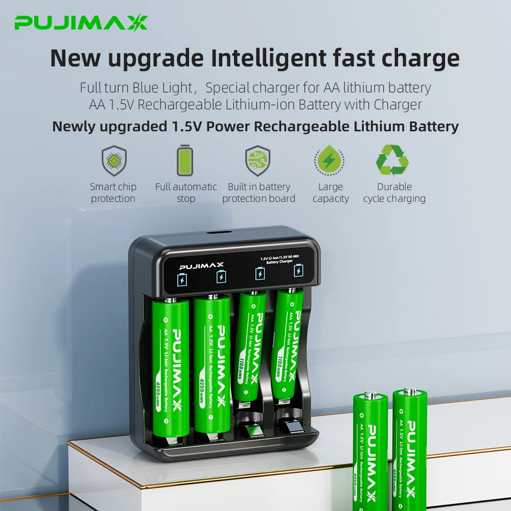 PUJIMAX Portable Smart Lithium Battery Charger With 4Pcs 1.5V Lithium Battery Constant Voltage Charging Safe Durable