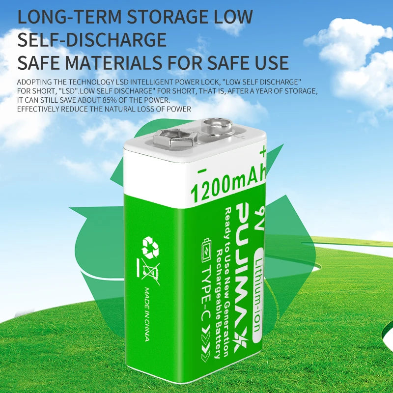 PUJIMAX 9v 1200mAh High Capacity Usb-C Lithium ion Battery Rechargeable Battery with Type-c Cable for Toys Remote Control Camera