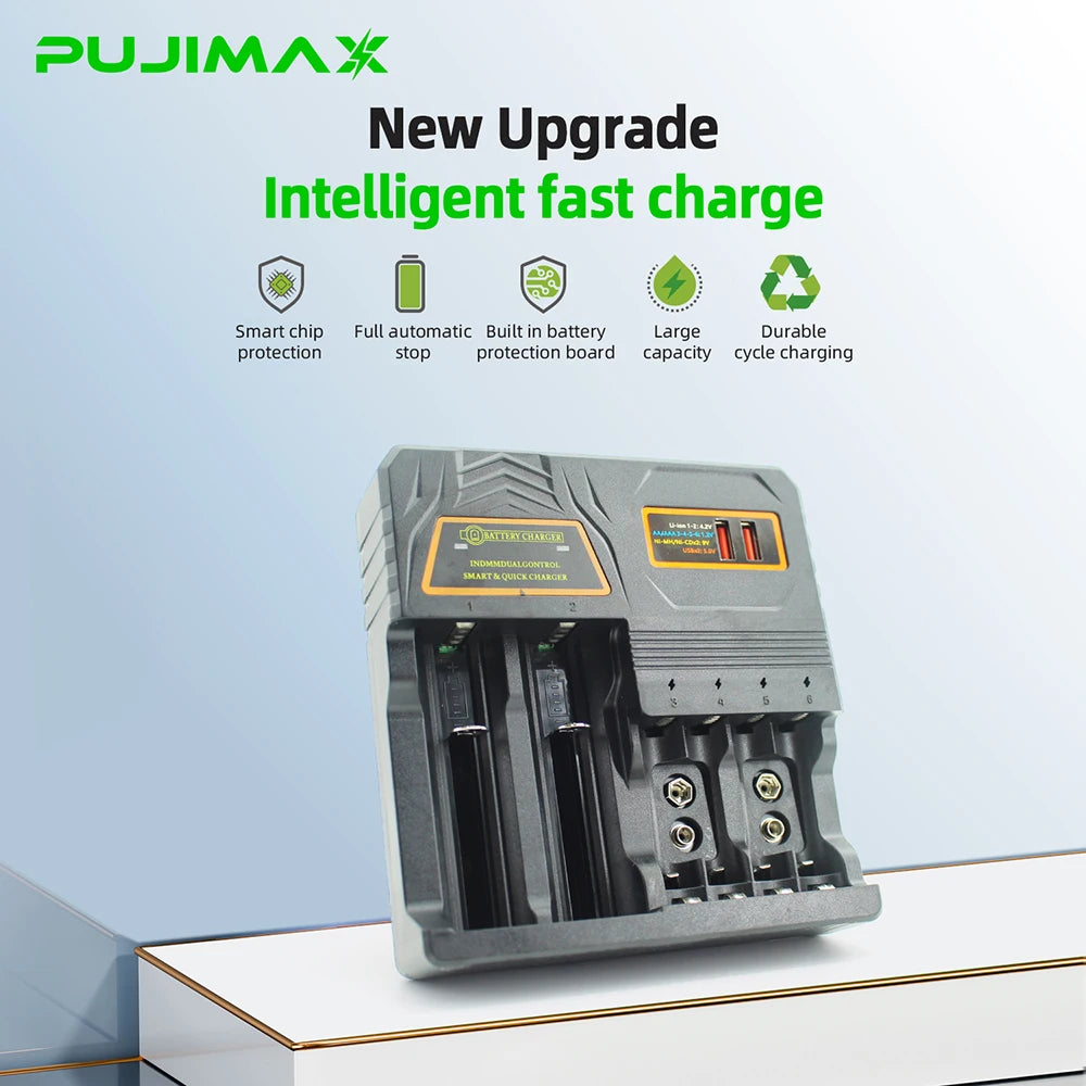 PUJIMAX Battery Charger for 4.2V 18650/16340/14500/21700/26650/32650 Battery 1.2V Ni-MH/Ni-Cd AA AAA 9V Smart Battery Charger