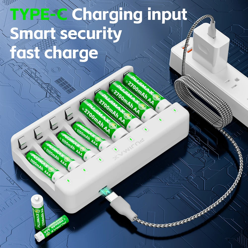 PUJIMAX 8-Slots 1.2V NI-MH AA/AAA Rechargeable Batteries Charger Type-C Battery  Fast Charging Charger Battery For Toys Keyboar