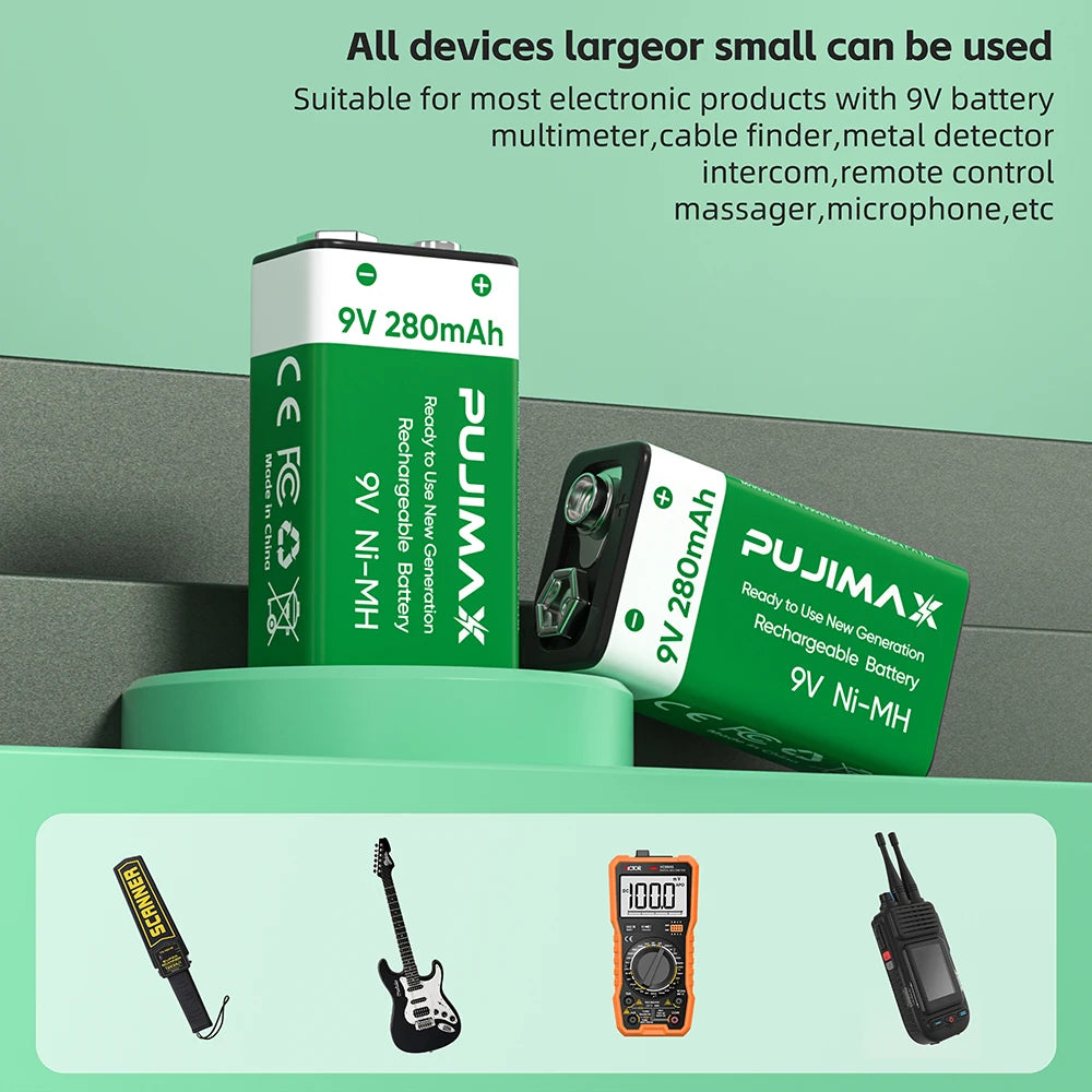 PUJIMAX 9V Rechargeable Battery+Charger 280mAh Ni-MH Batteries for Multimeter Microphone Toy Remote Control Guitar Smoke Alarm