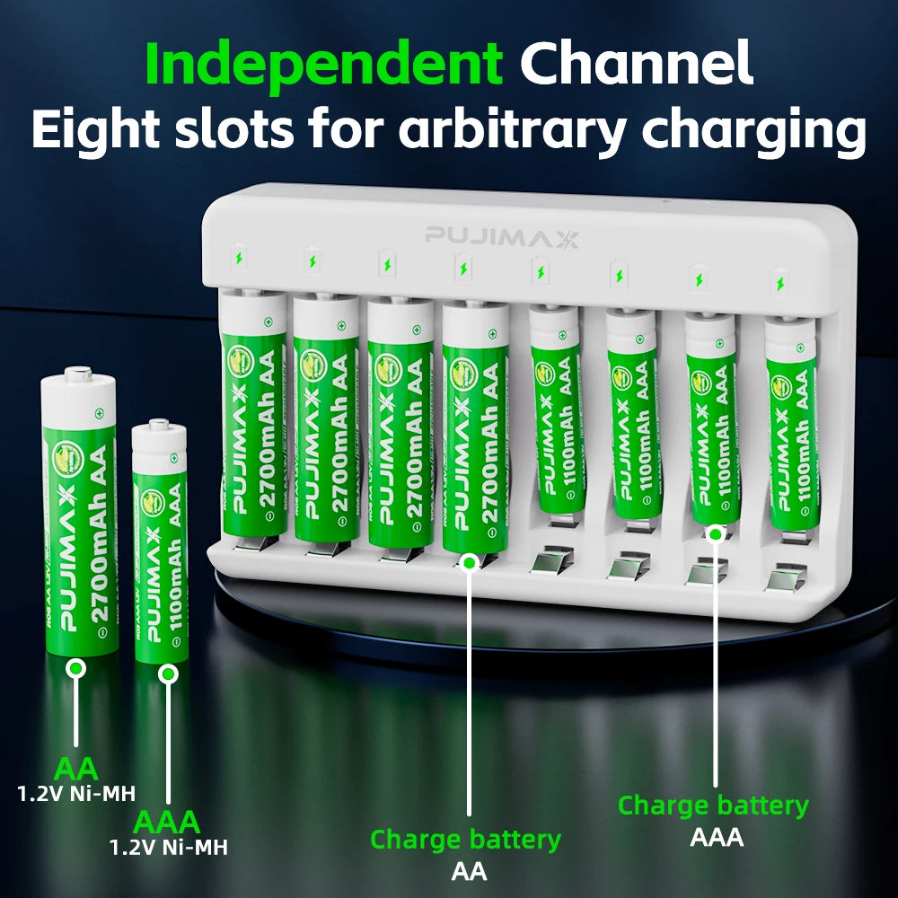 PUJIMAX 8-Slots 1.2V NI-MH AA/AAA Rechargeable Batteries Charger Type-C Battery  Fast Charging Charger Battery For Toys Keyboar