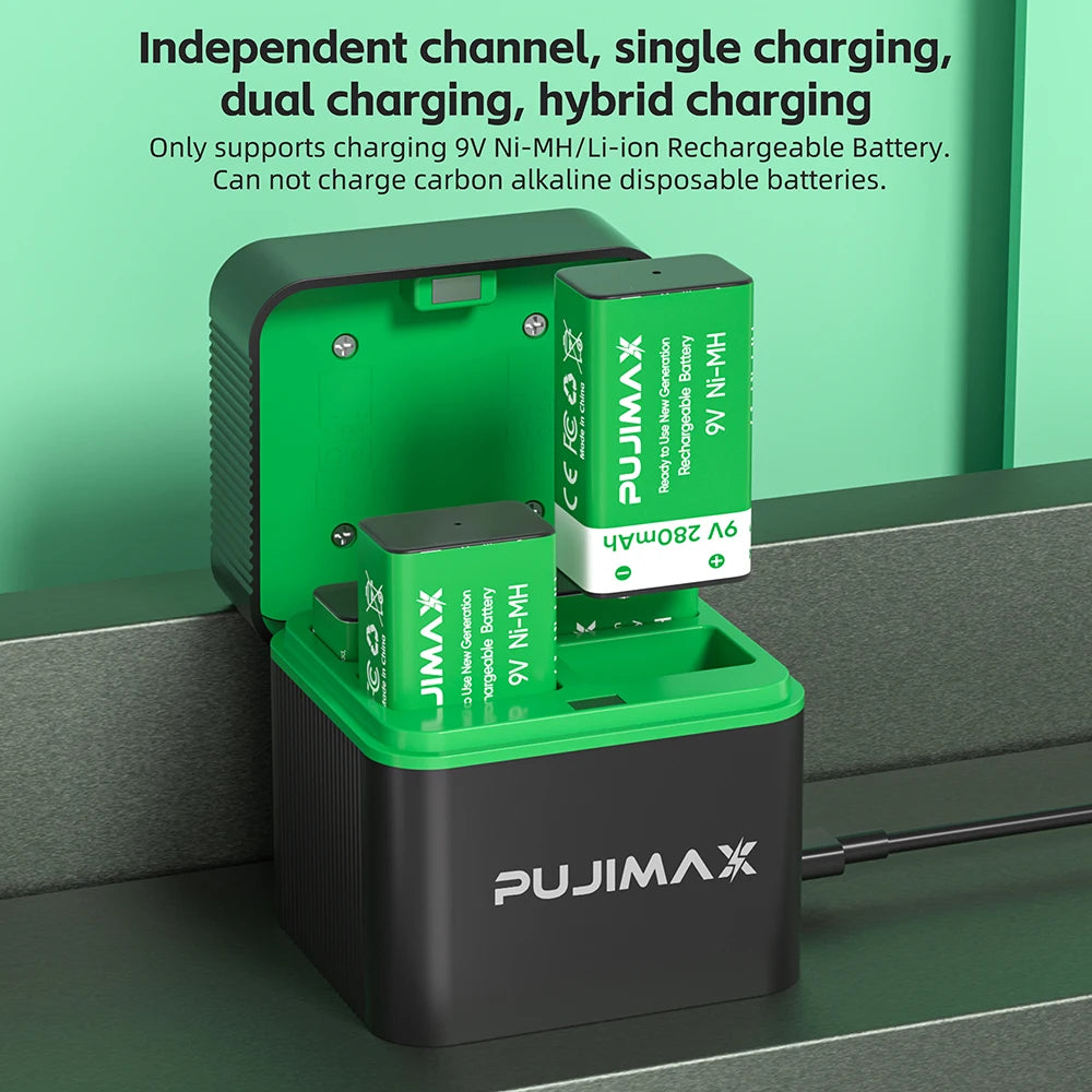PUJIMAX 9V Ni-MH Rechargable Battery with 4-Slots Charger 280mAh Batteries for Guitar Microphone Smoke Detector Multimeter