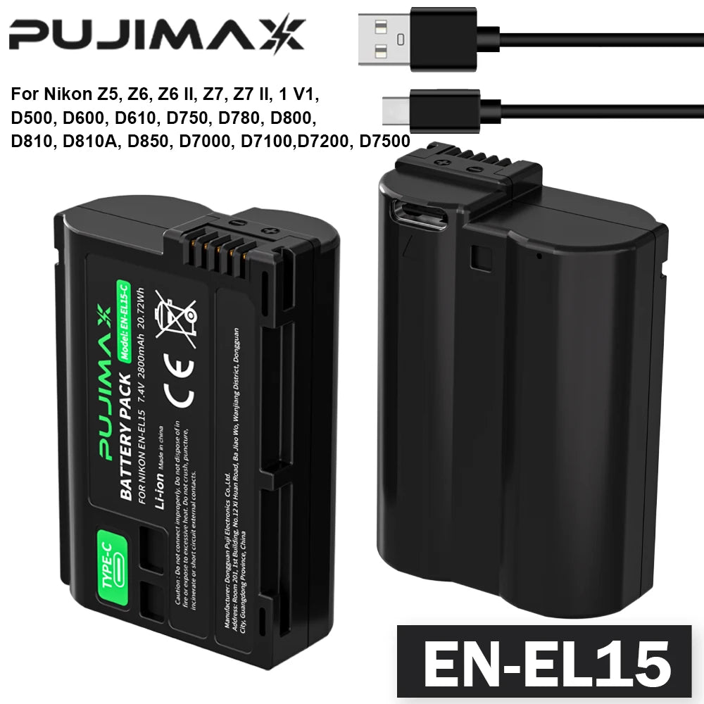 PUJIMAX 2800mAh EN-EL15C EN-EL15 Battery with Type-C Port for Nikon Z5,Z6,Z6 II,Z7,Z7II D7000 D7100 D7200,D850 D750 D7500 D810