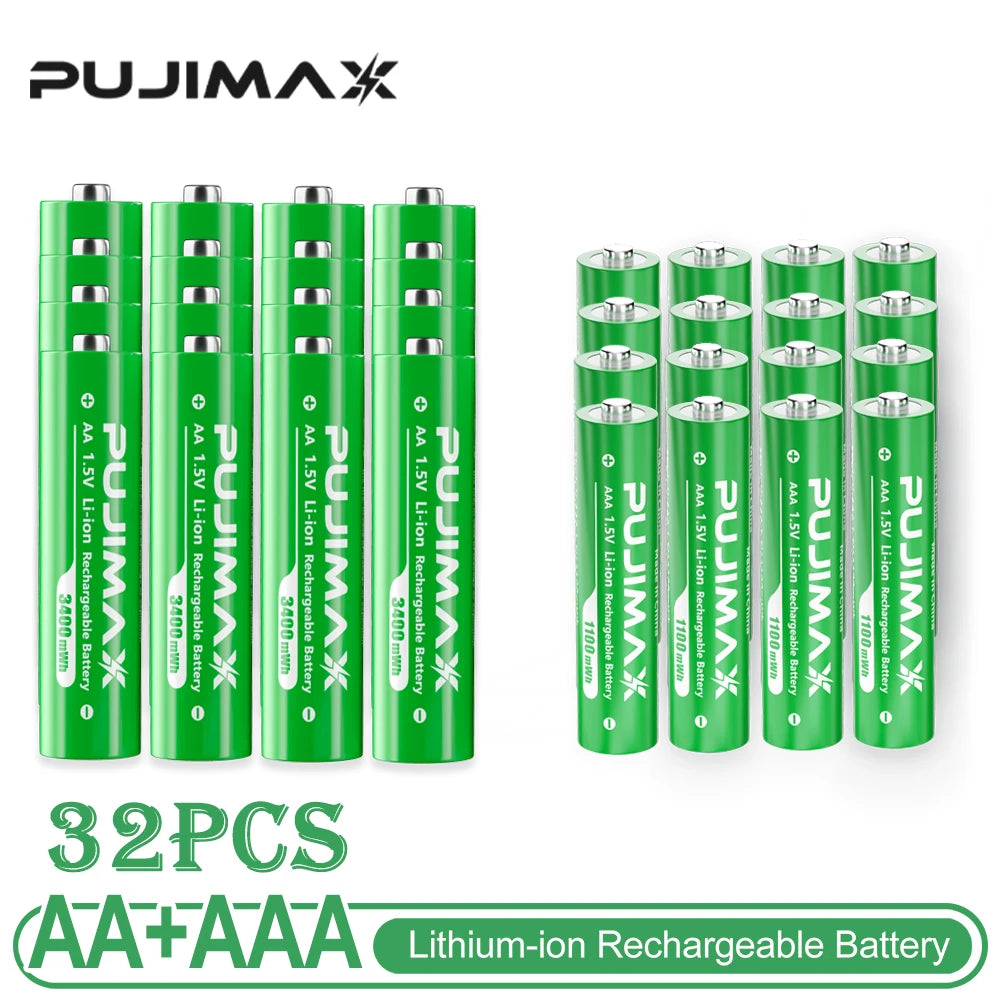 PUJIMAX Rechargeable Battery 1.5V AA 3400mWh+AAA 1100mWh Lithium-ion Battery for Computer Clock Radio Video Game Digital AA AAA