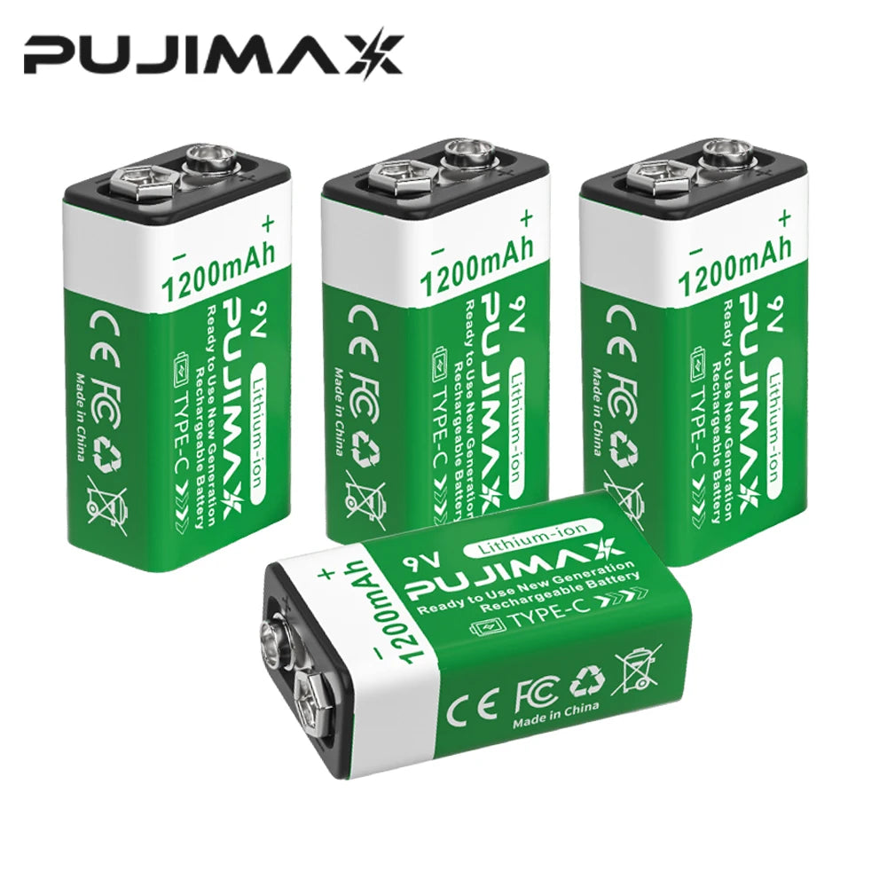 PUJIMAX 9V Rechargeable Lithium Battery 1200mAh with Type-C USB Rechargeable Batteries 6F22 for Multimeter Microphone Toy Guitar