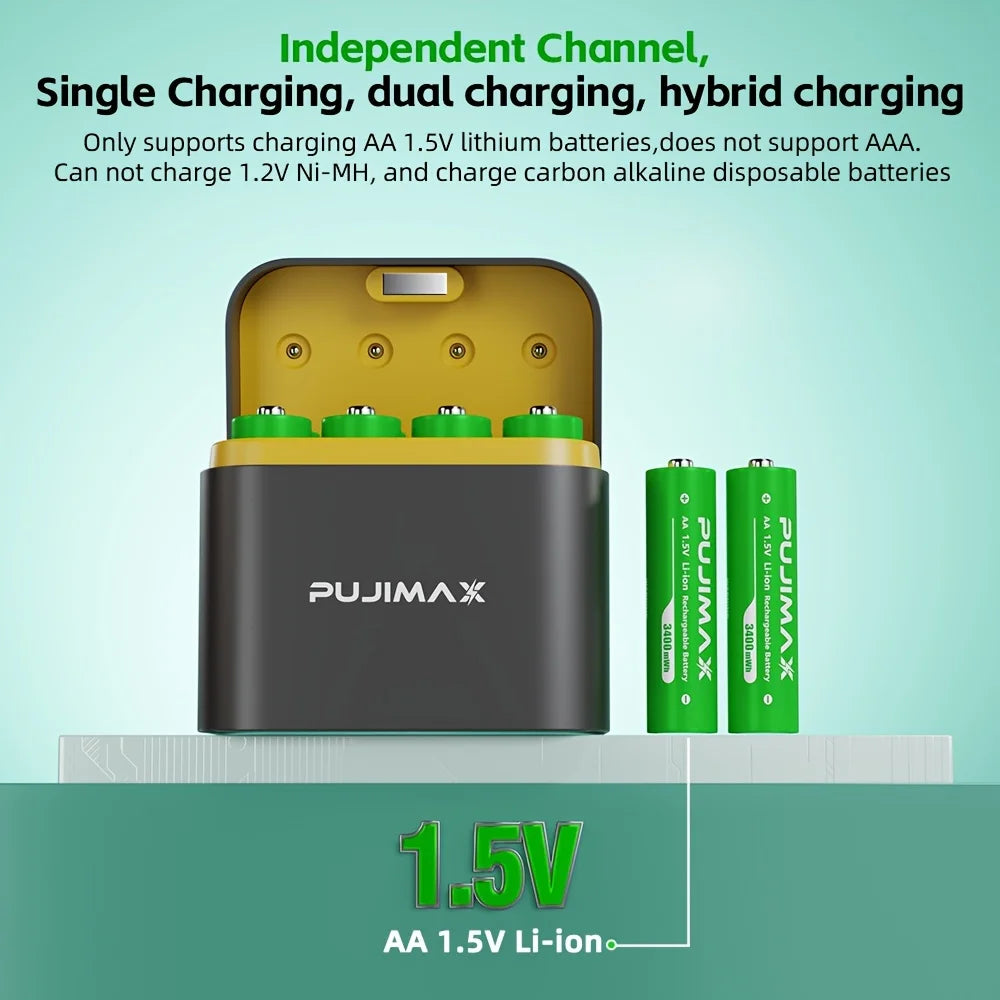 PUJIMAX Li-ion AA Rechargeable Batteries 1.5V AA 3400mWh Lithium-ion Battery+ Charger Clock Radio Video Game Digital Battery