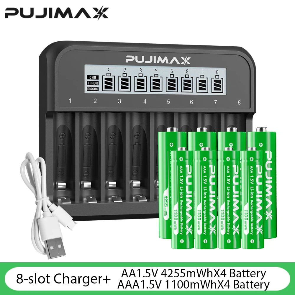 PUJIMAX 1.5V 4255mWh 1100mWh High Capacity Lithium Battery Cells Lithium And Charger Set 8-Slot LED Smart Dimmable Charger