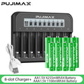 PUJIMAX 1.5V 4255mWh 1100mWh High Capacity Lithium Battery Cells Lithium And Charger Set 8-Slot LED Smart Dimmable Charger
