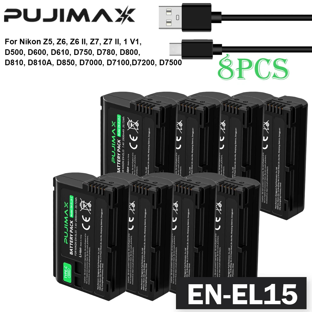 PUJIMAX 2800mAh EN-EL15C EN-EL15 Battery with Type-C Port for Nikon Z5,Z6,Z6 II,Z7,Z7II D7000 D7100 D7200,D850 D750 D7500 D810