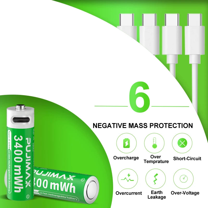 PUJIMAX 1.5V AA&AAA Rechargeable Lithium Battery 3400mWh/1100mWh, Type-C Port Charging Be Reused 1500 Times For Alarm Clocks