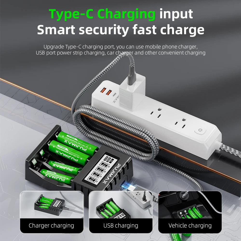 PUJIMAX 1.5V AA Rechargeable Lithium-ion 4255mWh Battery Large Capacity For Cameras Electric Toys With LCD Smart Battery Charger