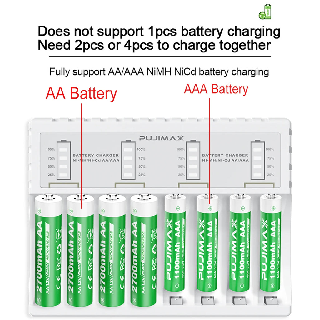 PUJIMAX AA Rechargeable Batteries 2800mAh AAA 1100mAh Battery 8 Slots Charger for AA AAA NiMH Battery Electric Toys Clocks Mice