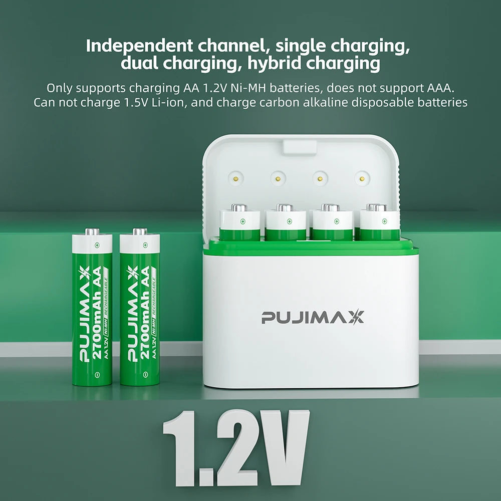 PUJIMAX Smart Charging Case Equipped with 8pcs 1.2V Rechargeable AA High-capacity 2700mAh NiMH Batteries Ni-MH battery kit
