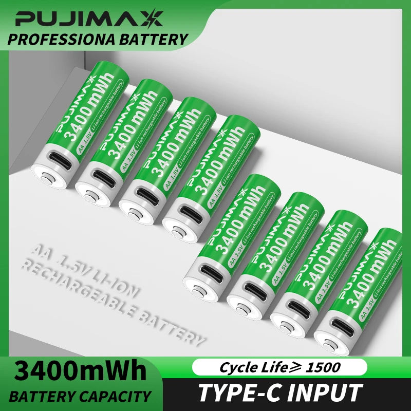 PUJIMAX AA Rechargeable Li-ion Battery 1.5V AA 3400mWh Li Ion Battery Watch for Toys MP3 Player Thermometer Keyboard + Cable