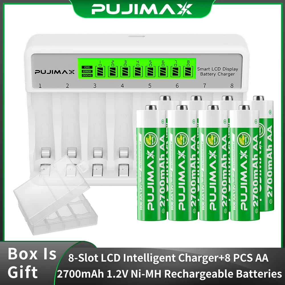 PUJIMAX Smart LCD Display 1.2V Fast Charger For 1.2V AA/AAA Ni-MH Ni-Cd 1100mAh 2700mAh Batteries 8-Slot Intelligent Charger