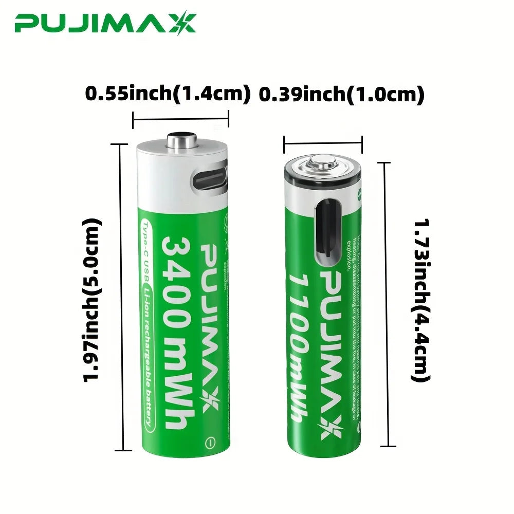 PUJIMAX 1.5V AAA/AA 3400mWh 1100mWh Rechargeable Battery USB Type-C Rechargeable Li-ion Battery For Remote Control Electric Toys