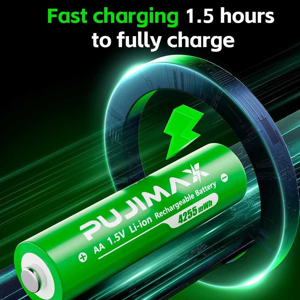 PUJIMAX Portable Smart Lithium Battery Charger With 4Pcs 1.5V Lithium Battery Constant Voltage Charging Safe Durable
