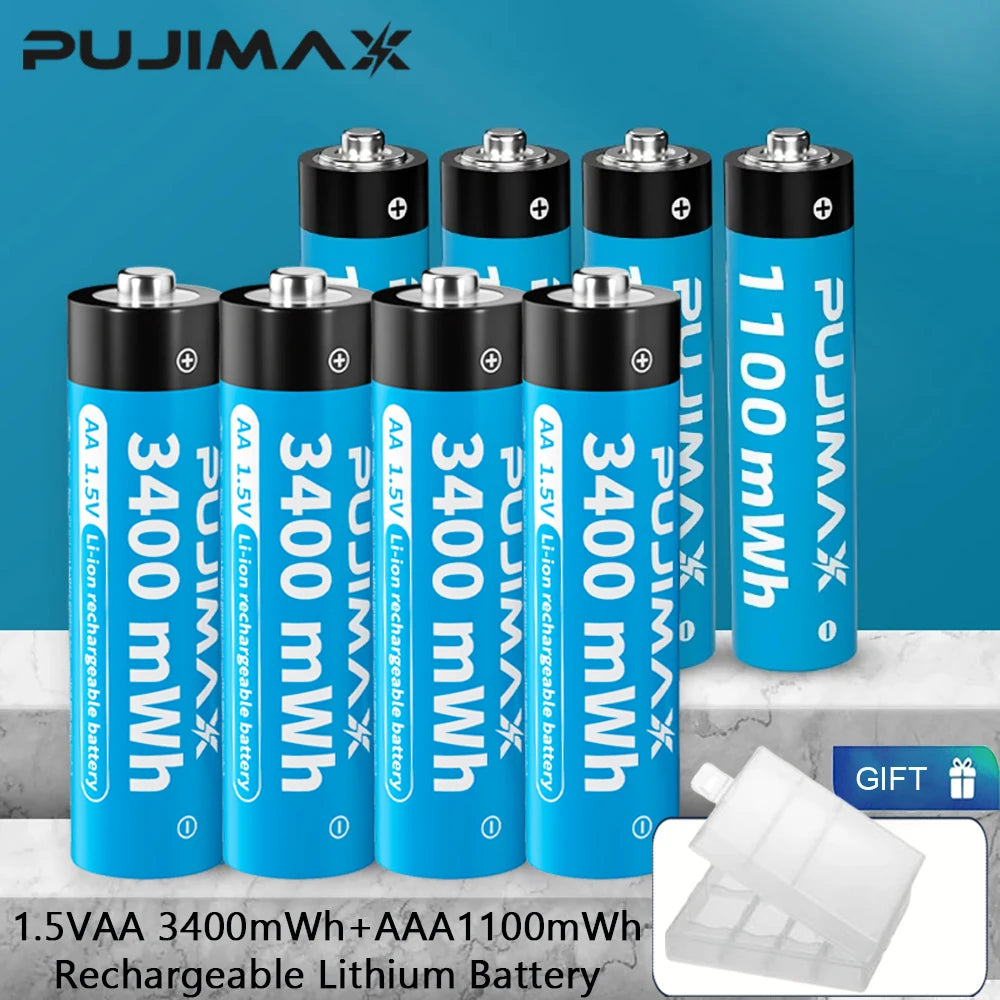 PUJIMAX 1.5V AA/AAA Rechargeable Lithium Batteries High Capacity 3400mWh 1000mWh Battery for Flashlights Toys Clocks MP3 Players