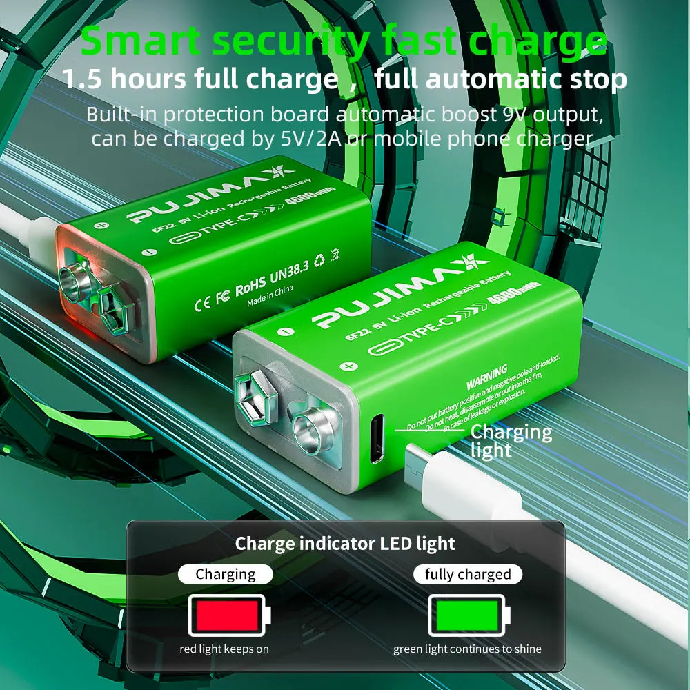 PUJIMAX 4600mWh Type-C USB 9V Rechargeable Battery Rechargeable 6F22 9V Li-ion Battery For RC Helicopeter Model Multimeter Toy