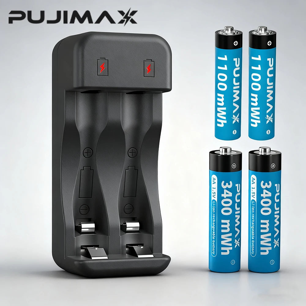 PUJIMAX 1.5V Li-ion Rechargeable Battery Charger 3400mWh/1100mWh AA/AAA Lithium Rechargeable Batteries for Remote Control Toy