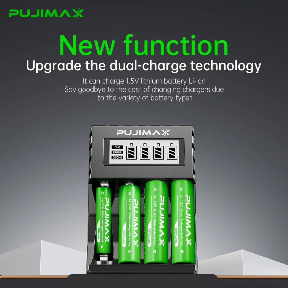 PUJIMAX 1.5V AA Rechargeable Lithium-ion 4255mWh Battery Large Capacity For Cameras Electric Toys With LCD Smart Battery Charger