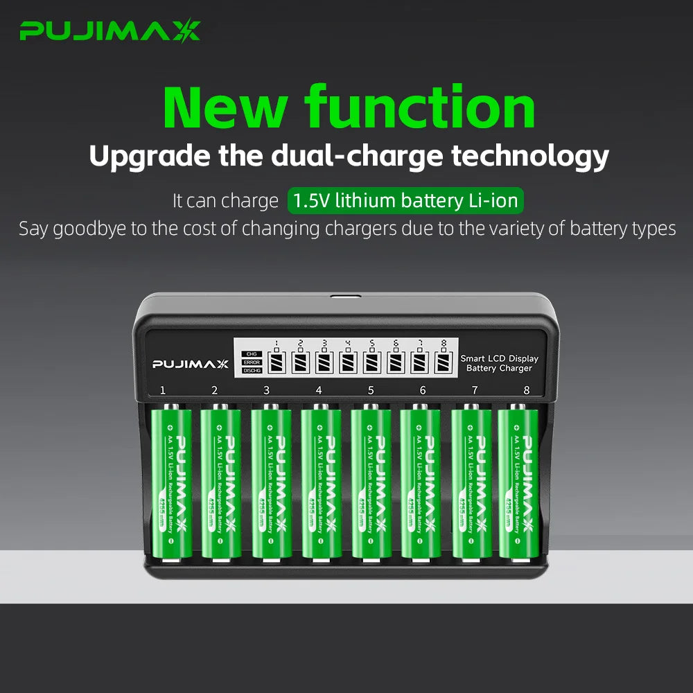 PUJIMAX 4/8slot AAA/AA Battery Charger for 1.5V Li-ion Rechargeable Battery Short Circuit Protect LCD Display Li-ion USB Charger