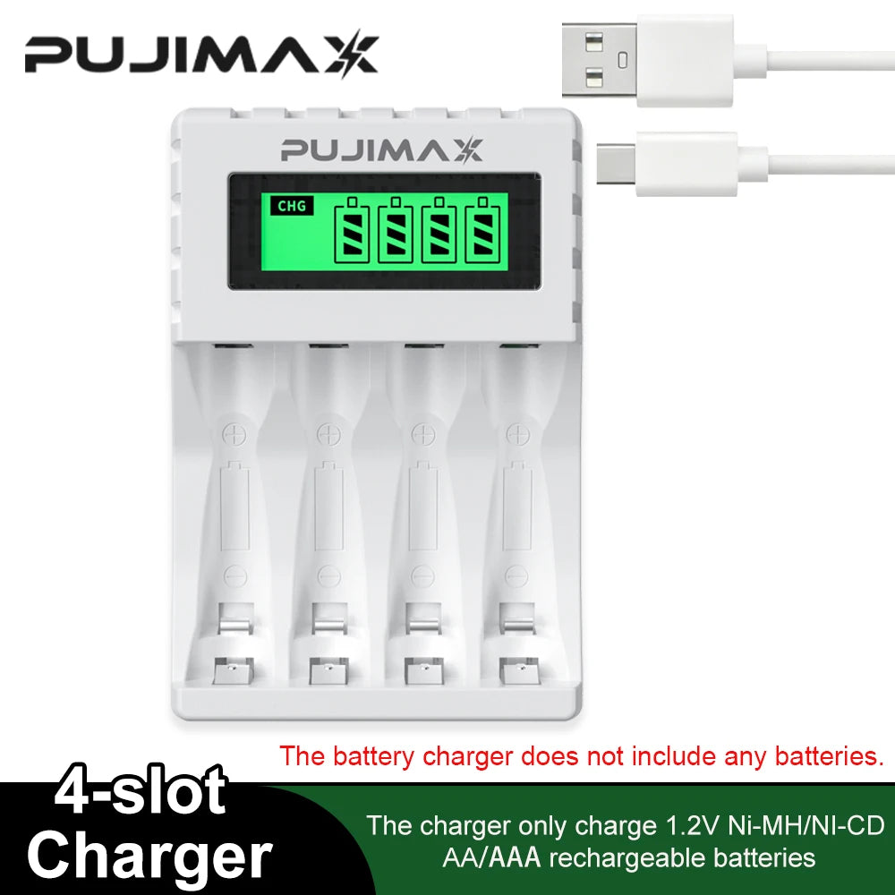 PUJIAMX AA/AAA Rechargeable Battery Charger LCD Display Portable Type C Cable Battery Charger for 1.2v AA/AAA Ni-MH Batteries