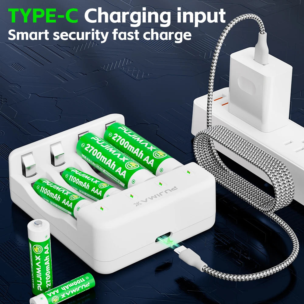 PUJIAMX 4 Slot AA/AAA NI-MH Rechargeable Battery Charger LED Display Batteries Charger +Type C Cable Portable Fast Charging Tool