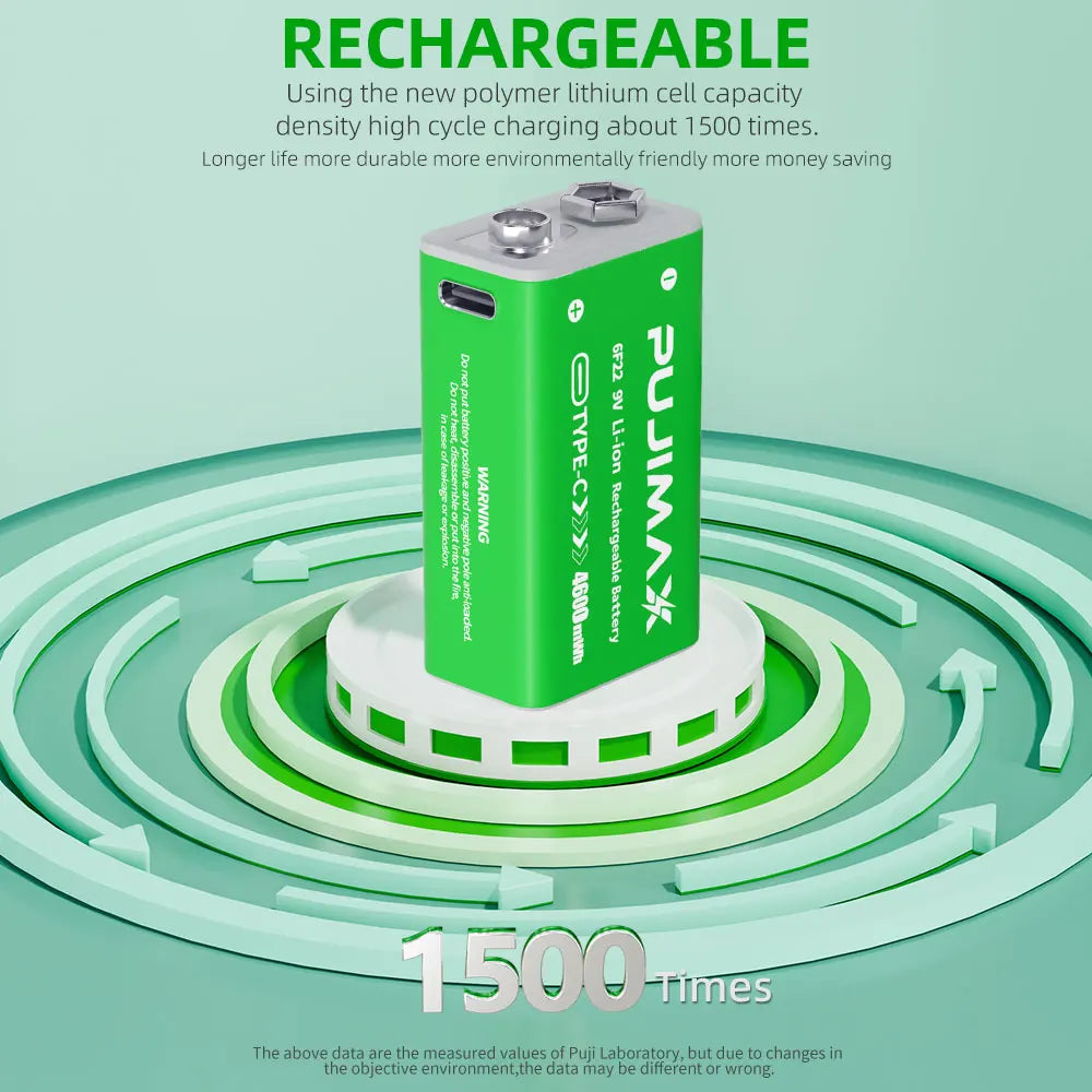 PUJIMAX 9V Rechargeable 4600 mWh Li-Ion Battery Type-C Charging 6F22 Li-ion Battery For Metal Detector KTV Microphone Multimeter
