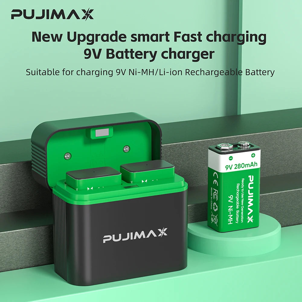 PUJIMAX 9V Rechargeable Battery+Charger 280mAh Ni-MH Batteries for Multimeter Microphone Toy Remote Control Guitar Smoke Alarm