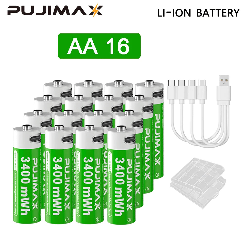 PUJIMAX AA Rechargeable Li-ion Battery 1.5V AA 3400mWh Li Ion Battery Watch for Toys MP3 Player Thermometer Keyboard + Cable