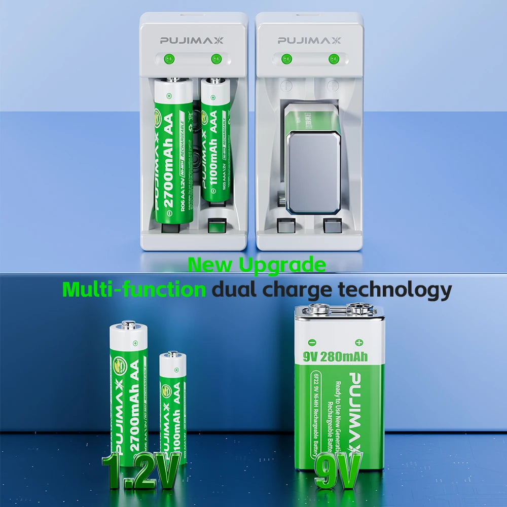 PUJIAMX AA/AAA/C/D Battery Charger for 1.2V NI-MH Rechargeable Batteries LCD Display Fast Charging Tool with USB Type C Cable