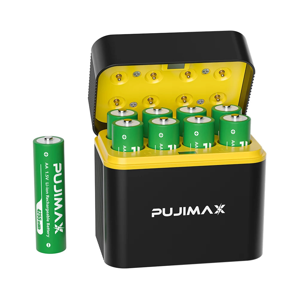 PUJIMAX High Capacity 4255mWh Rechargeable Lithium Battery  AA Lithium-ion Batteries with Quick Charging Portable Charger Box