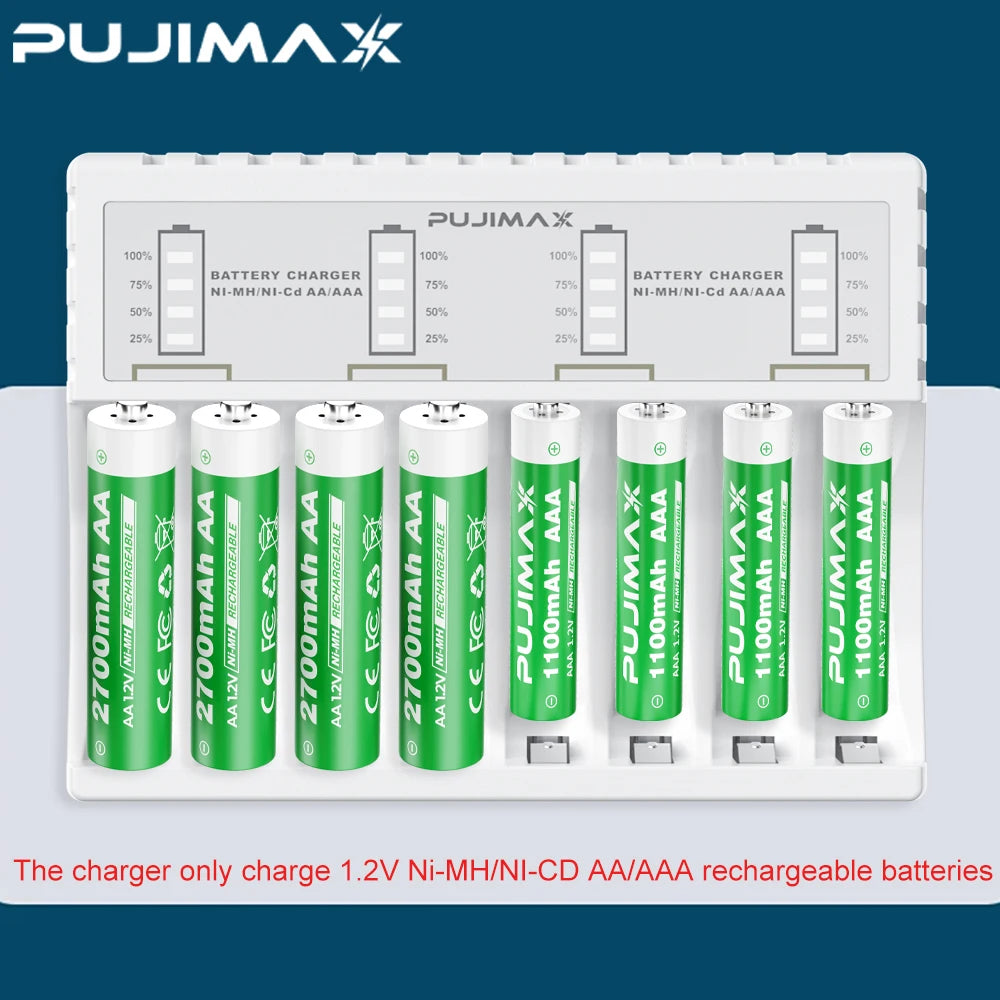 PUJIMAX 8-slot Battery Charger for AAA/AA Rechargeable Battery Short Circuit Protection LED Display 1.2V Ni-MH/Ni-Cd Charger