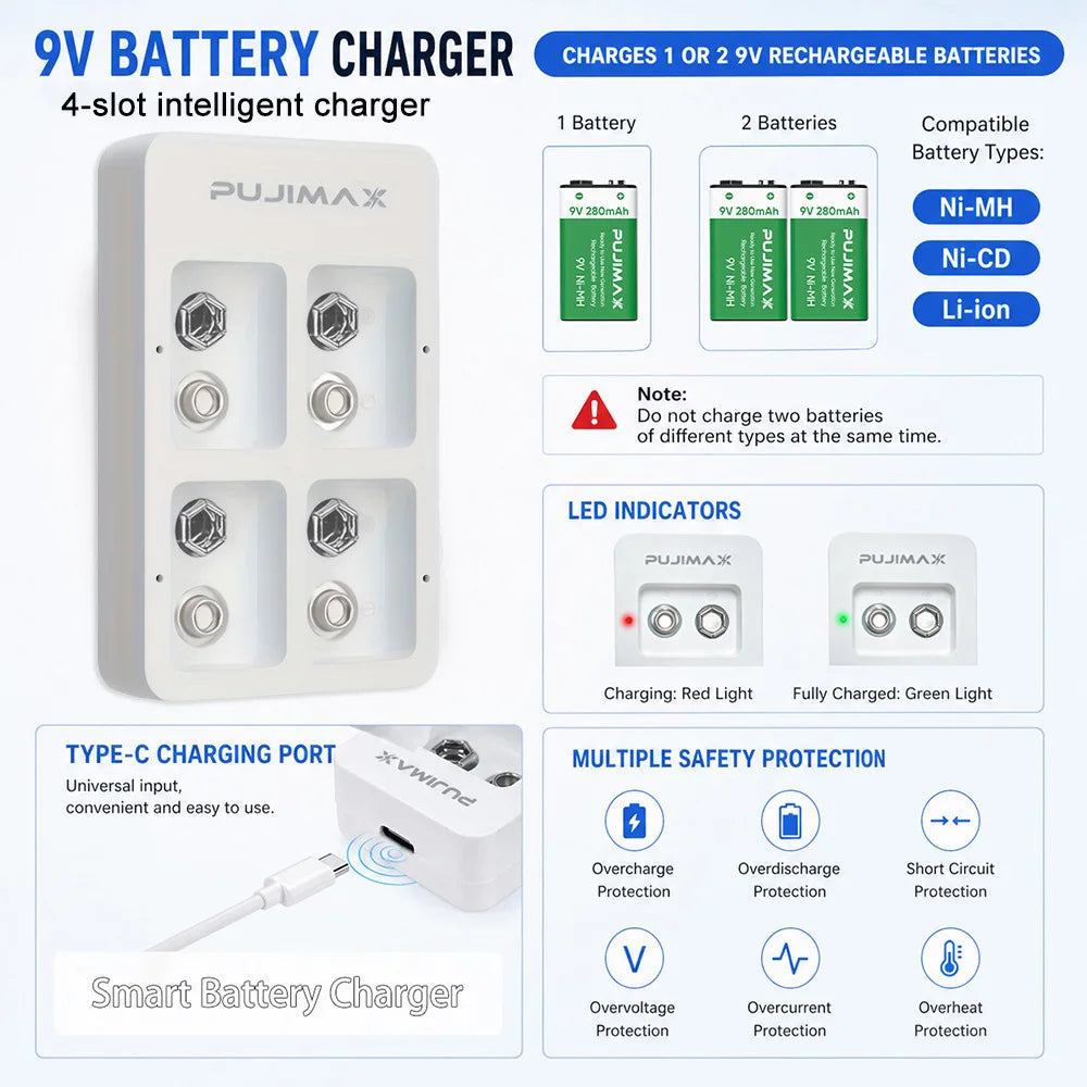 PUJIMAX 4 Slots Smart Fast Battery Charger With LED Indicators USB Cable For 9V Ni-MH/Ni-Cd/Li-ion Rechargeable Batteries