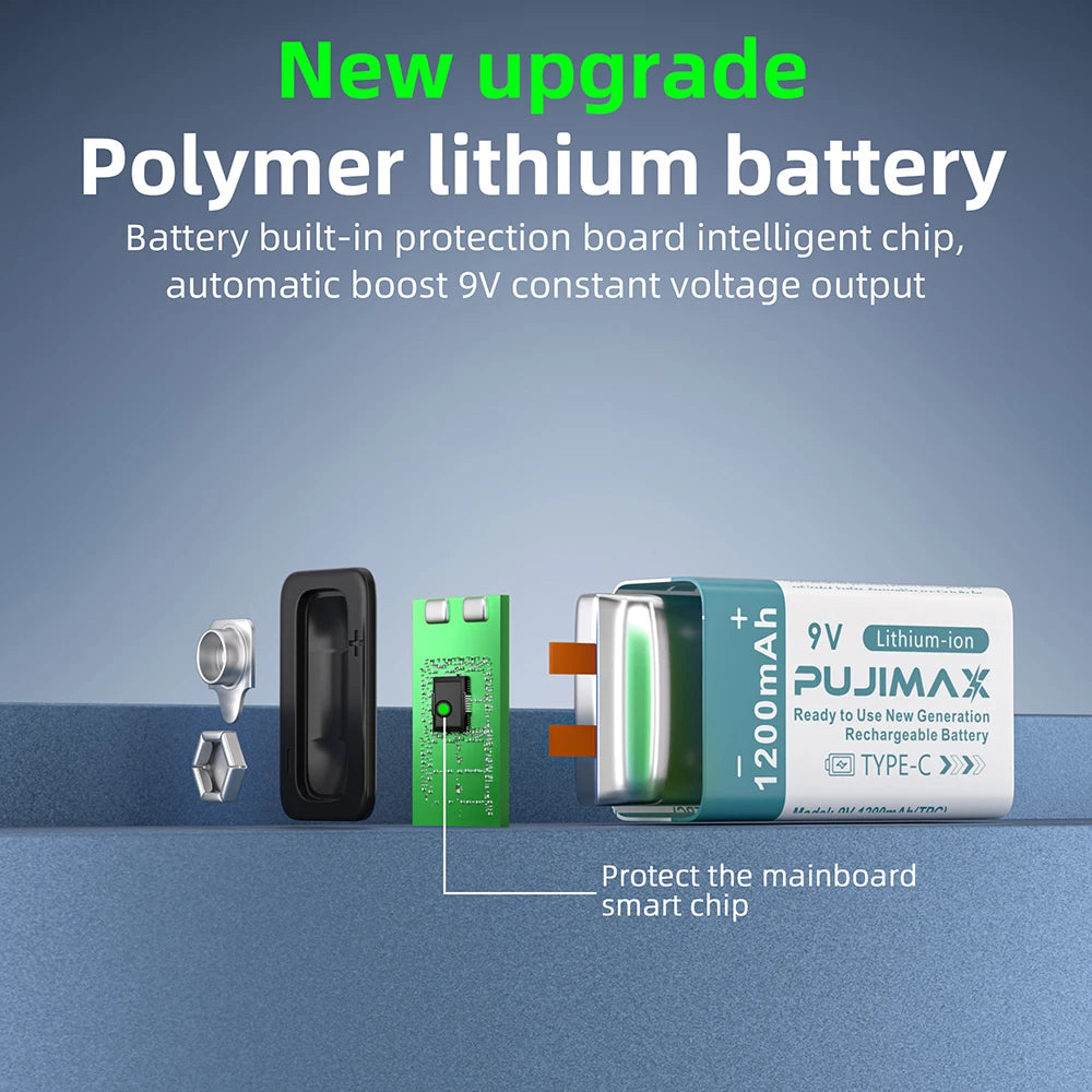 PUJIMAX USB 9V Rechargeable Battery 1200mAh Type-C Rechargeable 9V Li-ion Battery for Helicopeter Model Multimeter Smoke Alarm