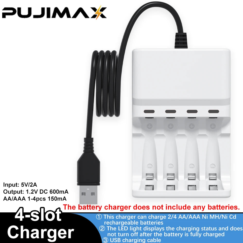 PUJIMAX AA AAA Battery Fast Charger USB Cable 4 Slot LED Display Smart Battery Charger for 1.2V Ni-HM/Ni-Cd Rechargeable Battery