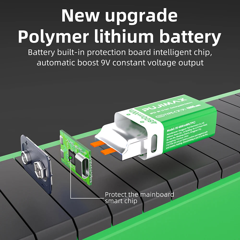 PUJIMAX USB 9V Rechargeable Battery 4800mWh Type-C Rechargeable 6F22 9V Li-ion Battery for RC Helicopeter Model Multimeter Toy